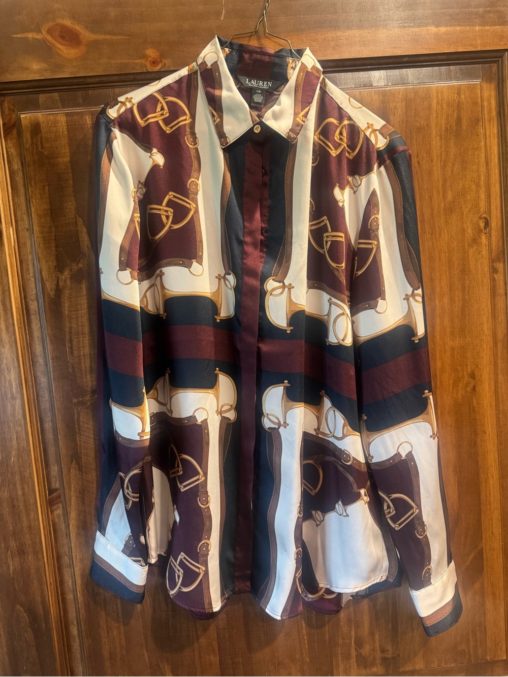 Ralph Lauren Burgundy, Navy & Cream Equestrian Print Blouse